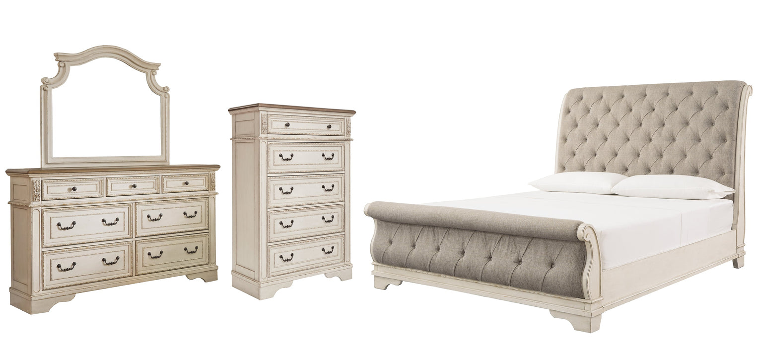 Realyn California King Sleigh Bed with Mirrored Dresser and Chest Homeline Furniture