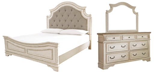 Realyn California King Upholstered Panel Bed with Mirrored Dresser Homeline Furniture