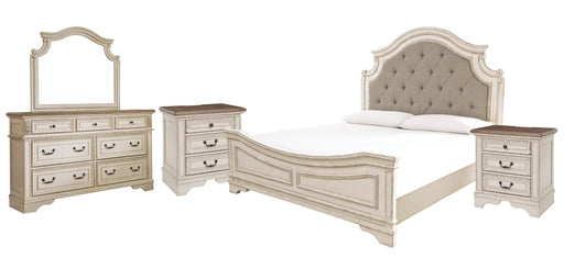 Realyn California King Upholstered Panel Bed with Mirrored Dresser and 2 Nightstands Homeline Furniture