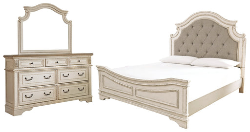 Realyn King Upholstered Panel Bed with Mirrored Dresser Homeline Furniture