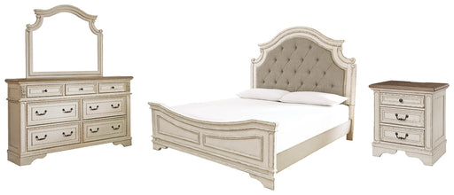 Realyn King Upholstered Panel Bed with Mirrored Dresser and Nightstand Homeline Furniture