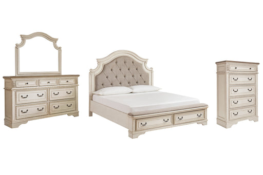 Realyn Queen Upholstered Bed with Mirrored Dresser and Chest Homeline Furniture