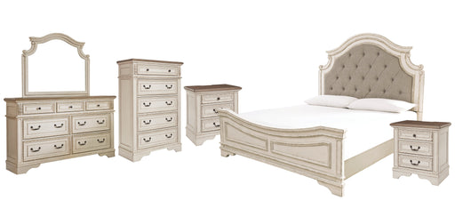 Realyn Queen Upholstered Panel Bed with Mirrored Dresser, Chest and 2 Nightstands Homeline Furniture