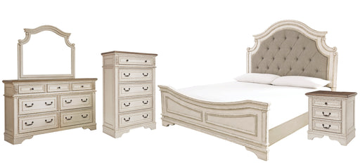 Realyn Queen Upholstered Panel Bed with Mirrored Dresser, Chest and Nightstand Homeline Furniture