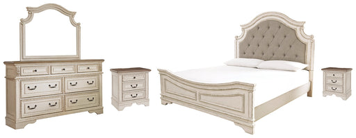 Realyn Queen Upholstered Panel Bed with Mirrored Dresser and 2 Nightstands Homeline Furniture