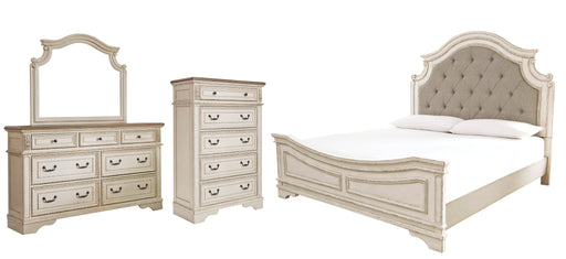 Realyn Queen Upholstered Panel Bed with Mirrored Dresser and Chest Homeline Furniture