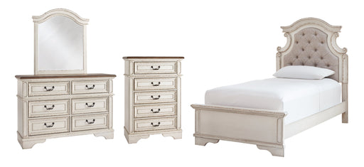 Realyn Twin Panel Bed with Mirrored Dresser and Chest Homeline Furniture