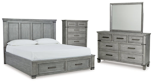 Russelyn King Storage Bed with Mirrored Dresser and Chest Homeline Furniture