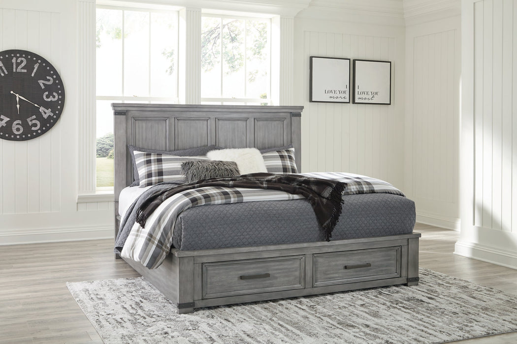 Russelyn King Storage Bed with Mirrored Dresser and Chest Homeline Furniture