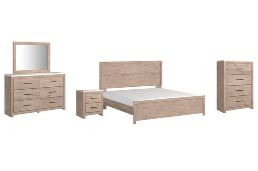 Senniberg King Panel Bed with Mirrored Dresser, Chest and Nightstand Homeline Furniture