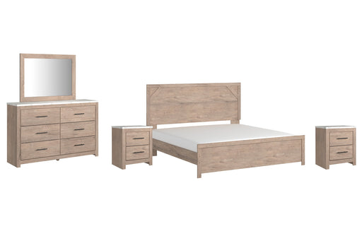 Senniberg King Panel Bed with Mirrored Dresser and 2 Nightstands Homeline Furniture