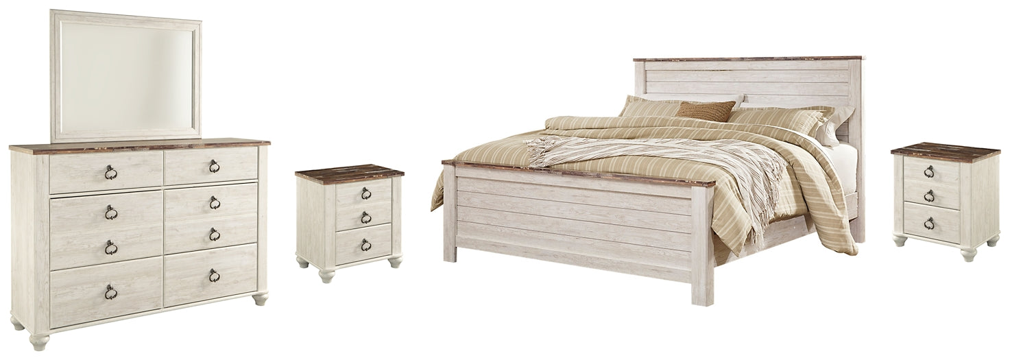 Willowton California King Panel Bed with Mirrored Dresser and 2 Nightstands Homeline Furniture