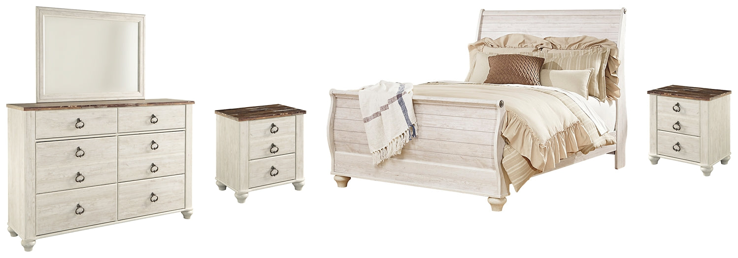 Willowton King Sleigh Bed with Mirrored Dresser and 2 Nightstands Homeline Furniture