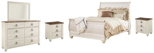 Willowton King Sleigh Bed with Mirrored Dresser and 2 Nightstands Homeline Furniture