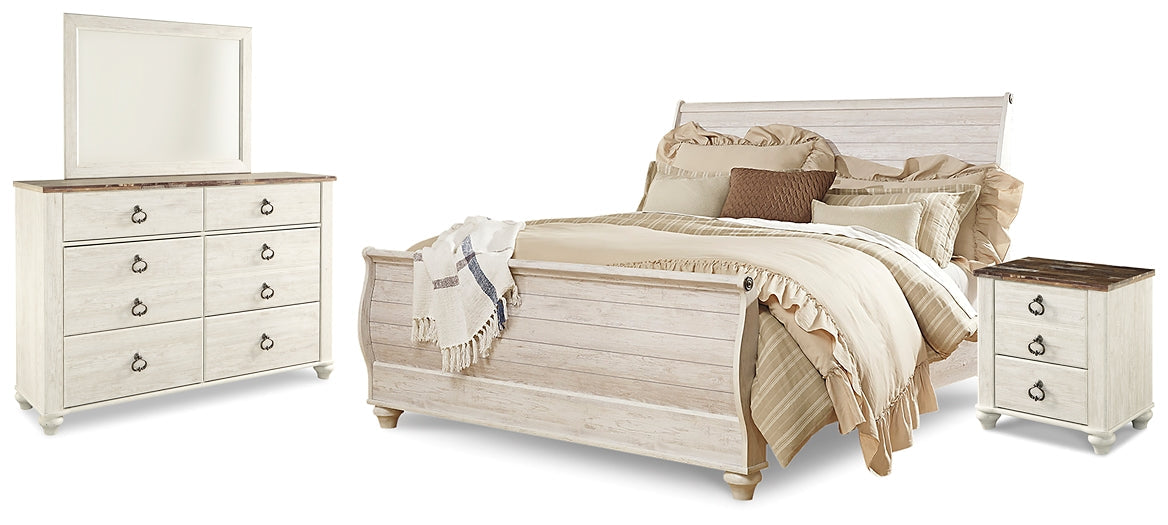 Willowton King Sleigh Bed with Mirrored Dresser and Nightstand Homeline Furniture