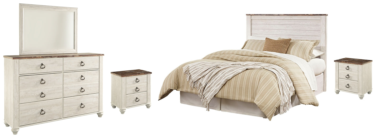 Willowton Queen/Full Panel Headboard with Mirrored Dresser and 2 Nightstands Homeline Furniture