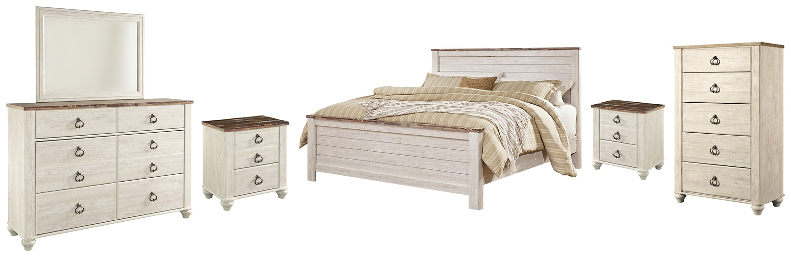 Willowton Queen Panel Bed with Mirrored Dresser, Chest and 2 Nightstands Homeline Furniture