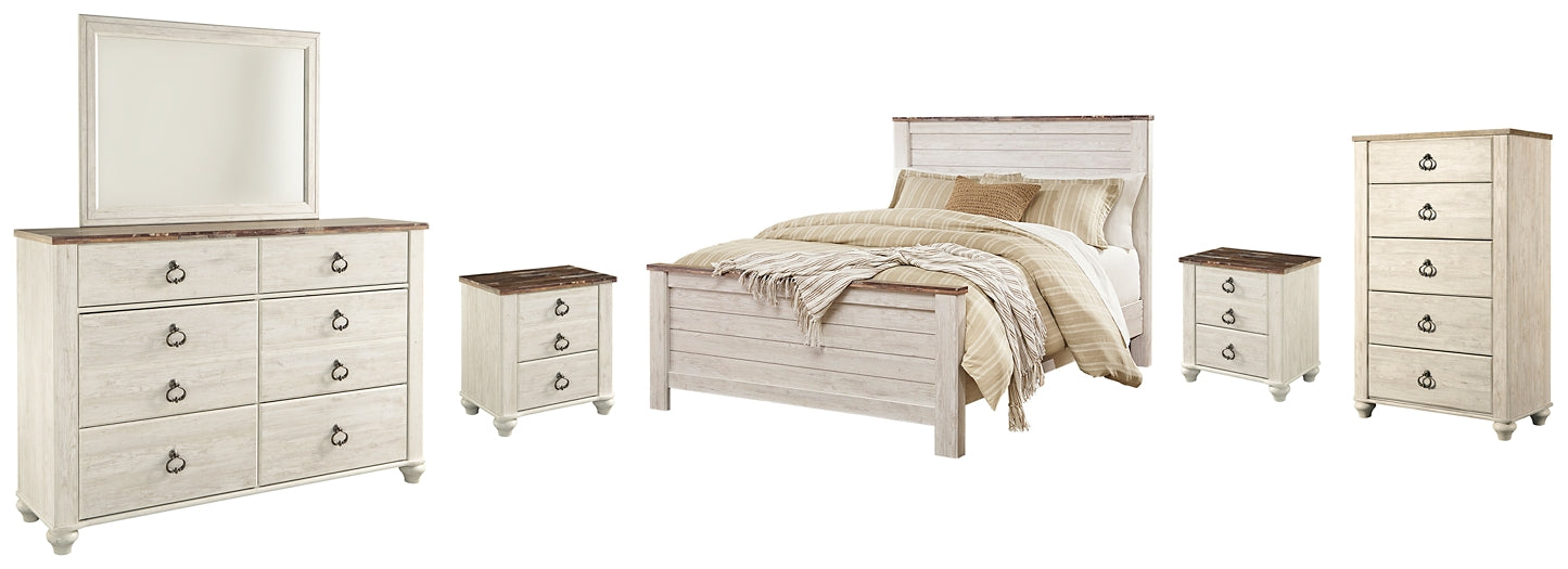 Willowton Queen Panel Bed with Mirrored Dresser, Chest and 2 Nightstands Homeline Furniture