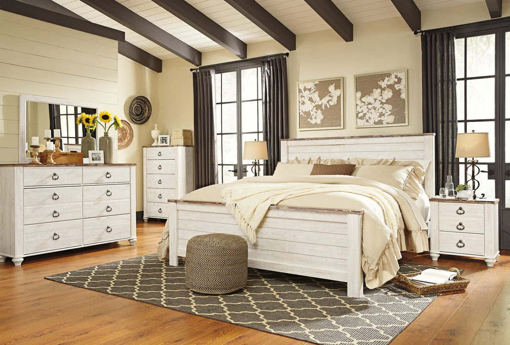 Willowton Queen Panel Bed with Mirrored Dresser, Chest and Nightstand Homeline Furniture