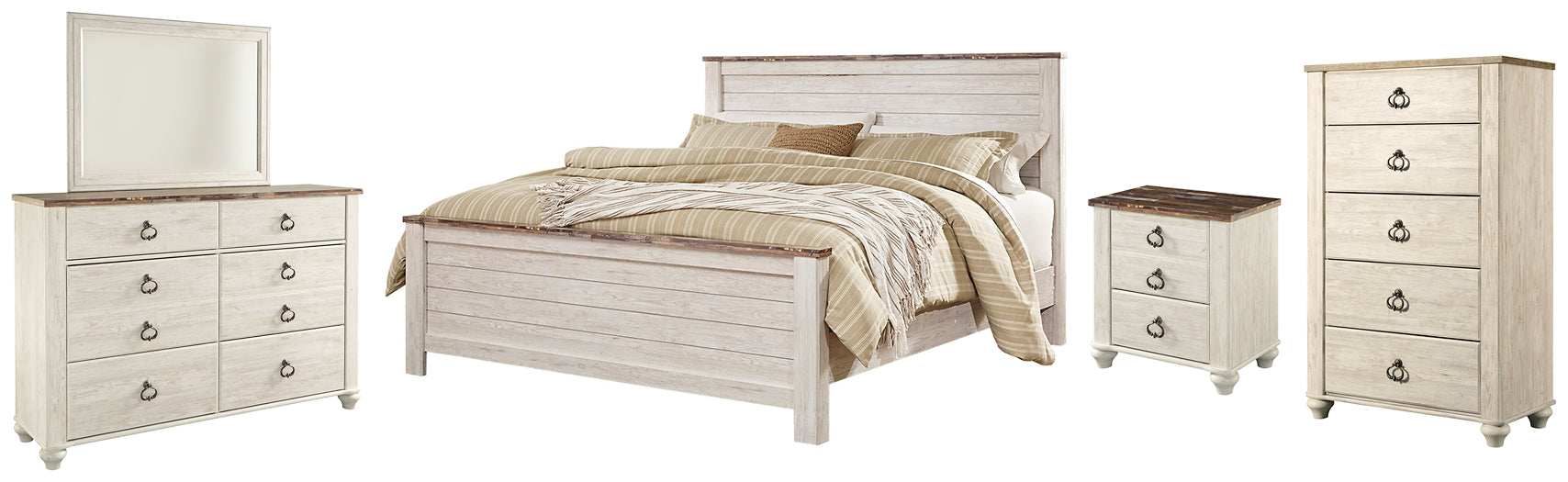 Willowton Queen Panel Bed with Mirrored Dresser, Chest and Nightstand Homeline Furniture