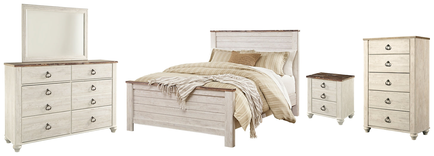 Willowton Queen Panel Bed with Mirrored Dresser, Chest and Nightstand Homeline Furniture