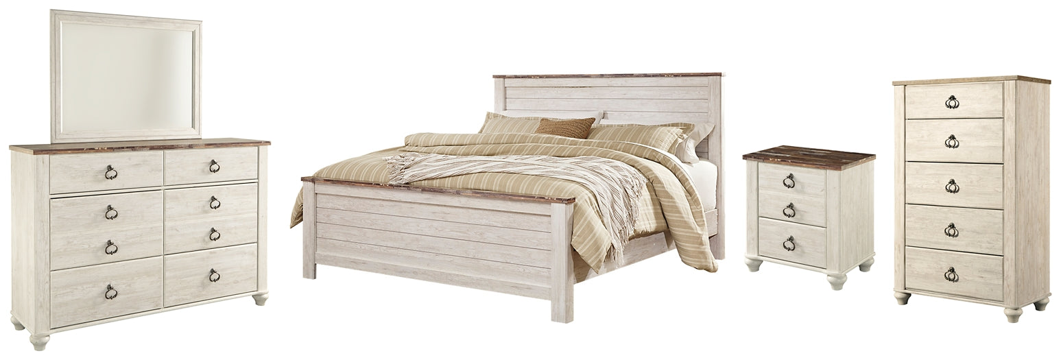 Willowton Queen Panel Bed with Mirrored Dresser, Chest and Nightstand Homeline Furniture