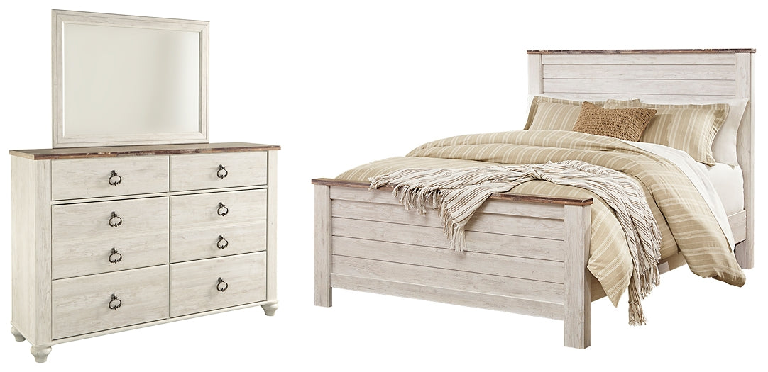 Willowton Queen Panel Bed with Mirrored Dresser Homeline Furniture