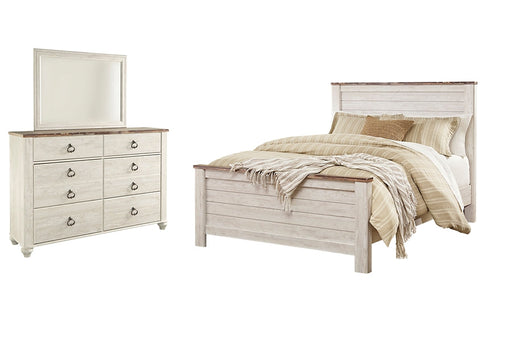 Willowton Queen Panel Bed with Mirrored Dresser Homeline Furniture