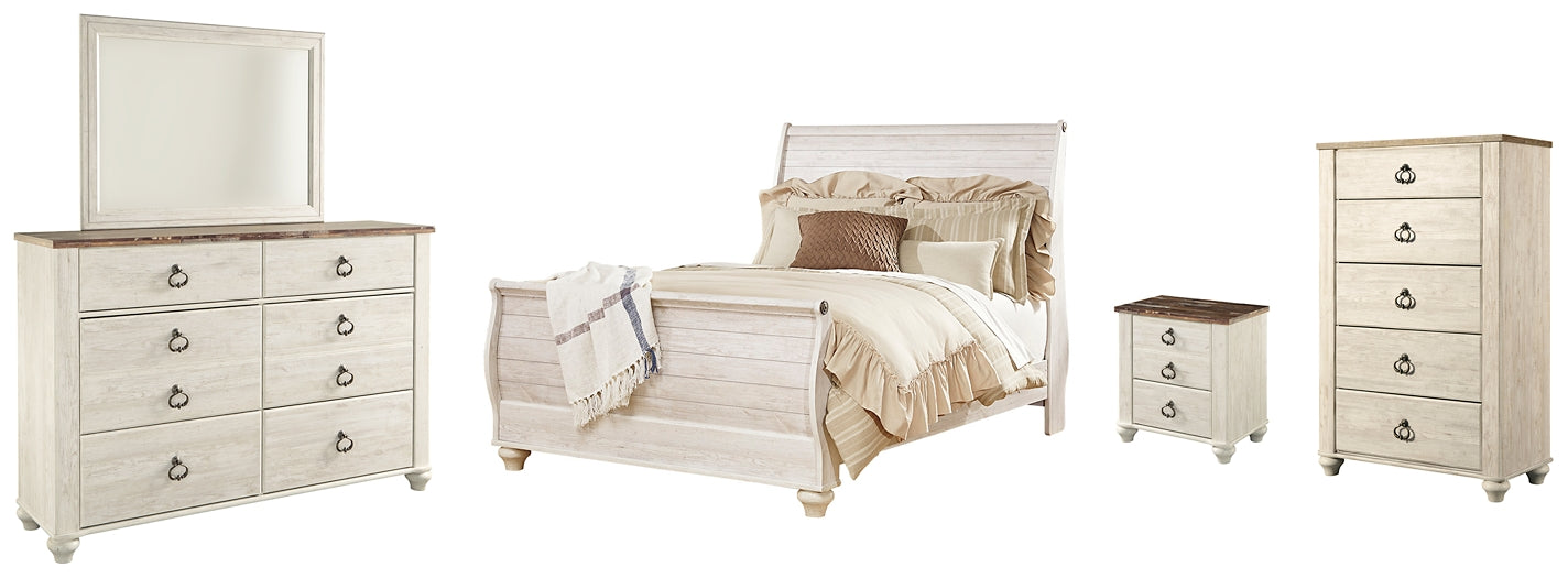 Willowton Queen Sleigh Bed with Mirrored Dresser, Chest and Nightstand Homeline Furniture