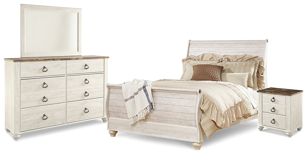 Willowton Queen Sleigh Bed with Mirrored Dresser and Nightstand Homeline Furniture