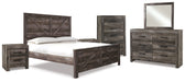 Wynnlow King Crossbuck Panel Bed with Mirrored Dresser, Chest and 2 Nightstands Homeline Furniture