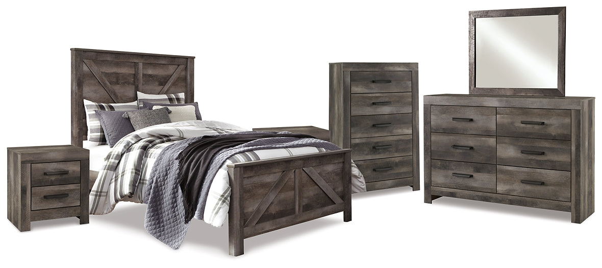 Wynnlow Queen Crossbuck Panel Bed with Mirrored Dresser, Chest and 2 Nightstands Homeline Furniture