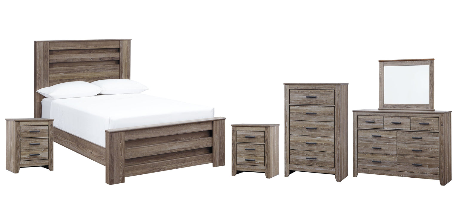 Zelen Full Panel Bed with Mirrored Dresser, Chest and 2 Nightstands Homeline Furniture