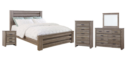 Zelen King Panel Bed with Mirrored Dresser, Chest and 2 Nightstands Homeline Furniture