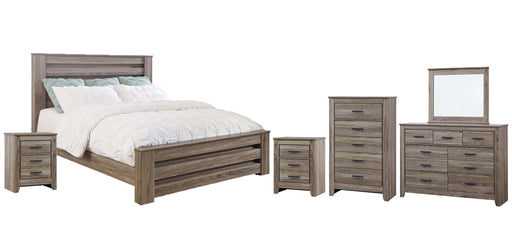 Zelen King Panel Bed with Mirrored Dresser, Chest and 2 Nightstands Homeline Furniture