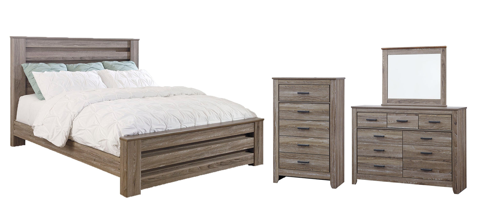 Zelen King Panel Bed with Mirrored Dresser, Chest and Nightstand Homeline Furniture