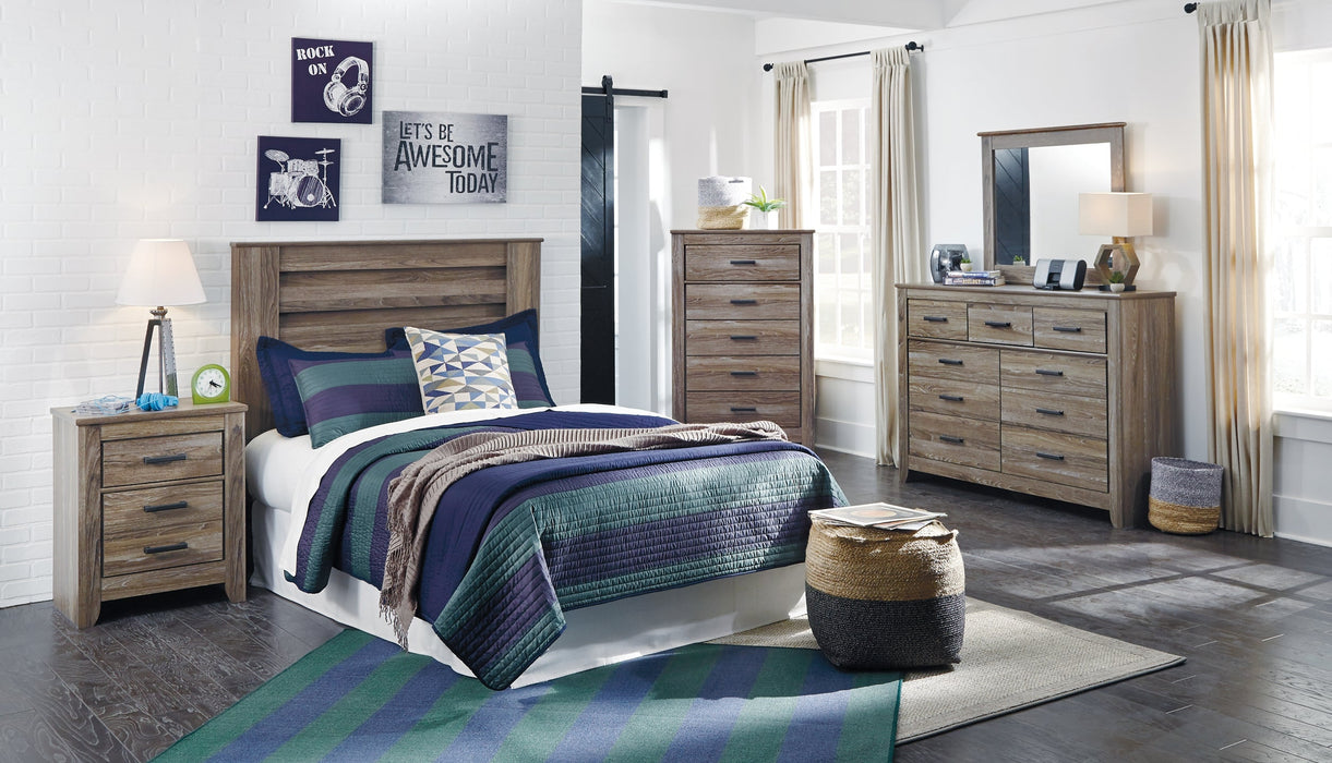 Zelen Queen/Full Panel Headboard with Mirrored Dresser, Chest and Nightstand Homeline Furniture