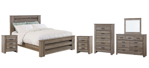 Zelen Queen Panel Bed with Mirrored Dresser, Chest and 2 Nightstands Homeline Furniture