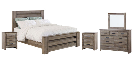 Zelen Queen Panel Bed with Mirrored Dresser and 2 Nightstands Homeline Furniture