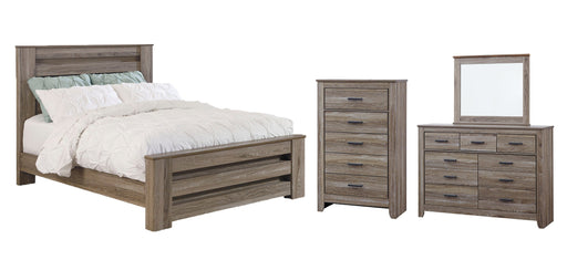 Zelen Queen Panel Bed with Mirrored Dresser and Chest Homeline Furniture