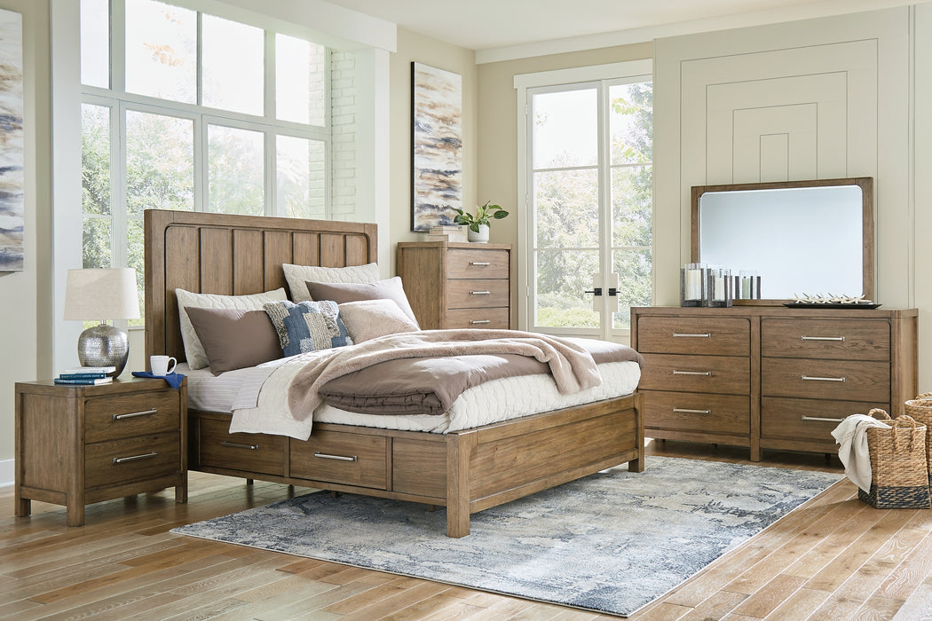 Cabalynn California King Panel Bed with Storage with Mirrored Dresser