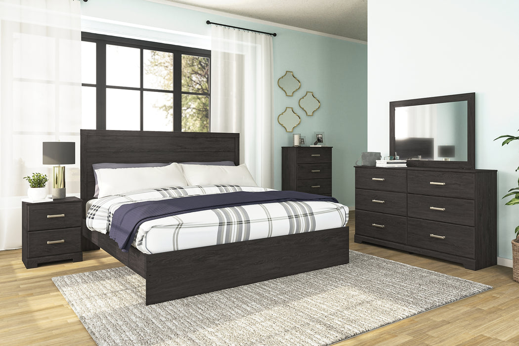 Belachime King Panel Bed with Mirrored Dresser, Chest and Nightstand