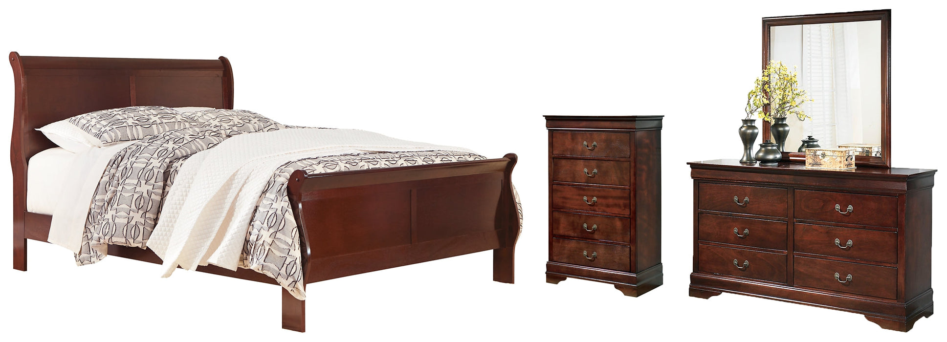 Alisdair Queen Sleigh Bed with Mirrored Dresser and Chest Homeline Furniture