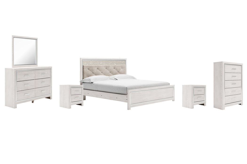 Altyra King Panel Bed with Mirrored Dresser, Chest and 2 Nightstands Homeline Furniture