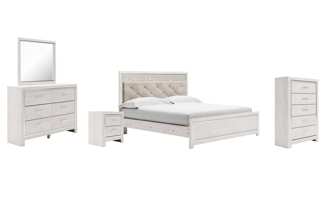 Altyra King Panel Bed with Mirrored Dresser, Chest and Nightstand Homeline Furniture