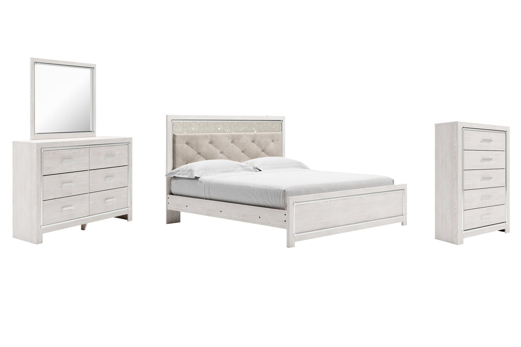 Altyra King Panel Bed with Mirrored Dresser and Chest Homeline Furniture