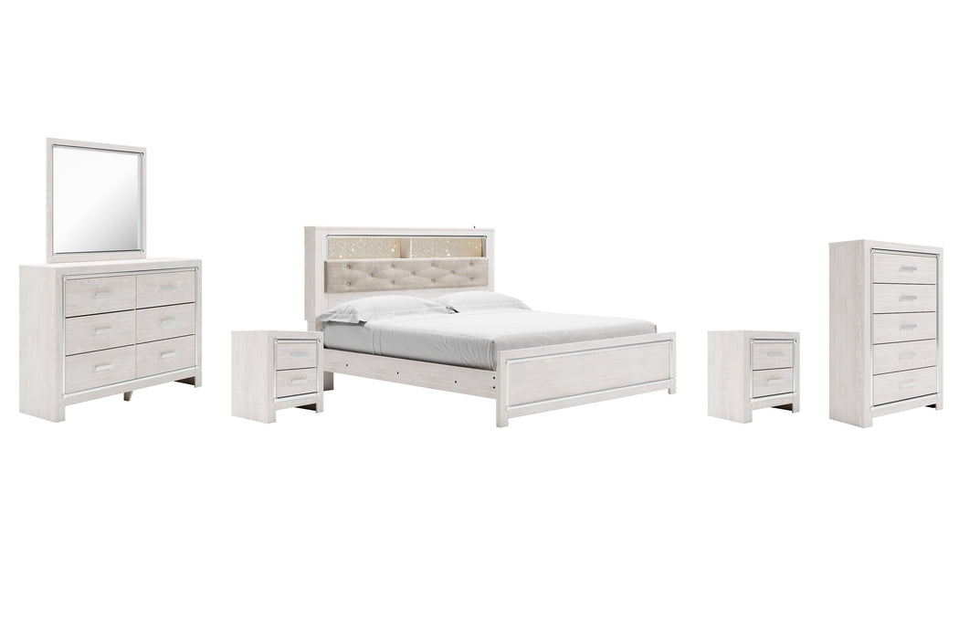 Altyra King Panel Bookcase Bed with Mirrored Dresser, Chest and 2 Nightstands Homeline Furniture