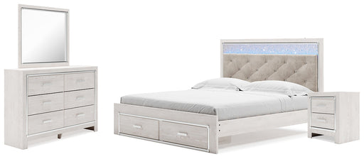 Altyra King Upholstered Storage Bed with Mirrored Dresser and Nightstand Homeline Furniture