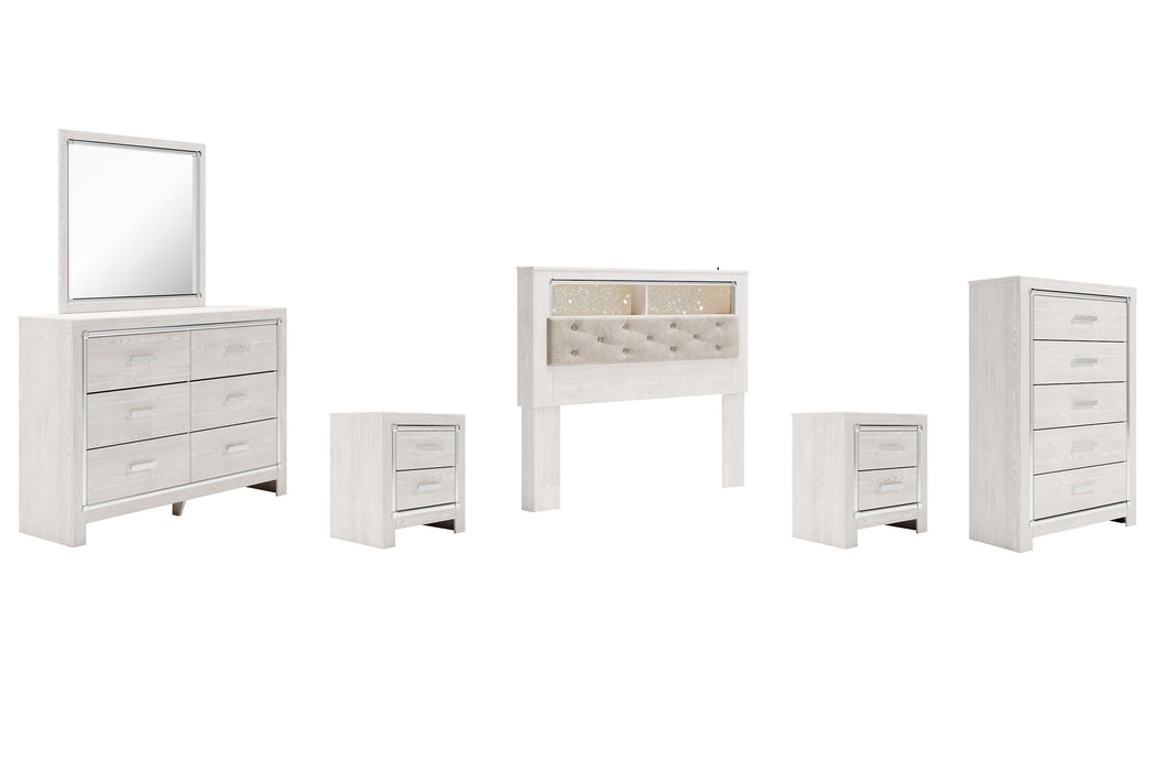 Altyra Queen Bookcase Headboard with Mirrored Dresser, Chest and 2 Nightstands Homeline Furniture