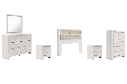 Altyra Queen Bookcase Headboard with Mirrored Dresser, Chest and 2 Nightstands Homeline Furniture